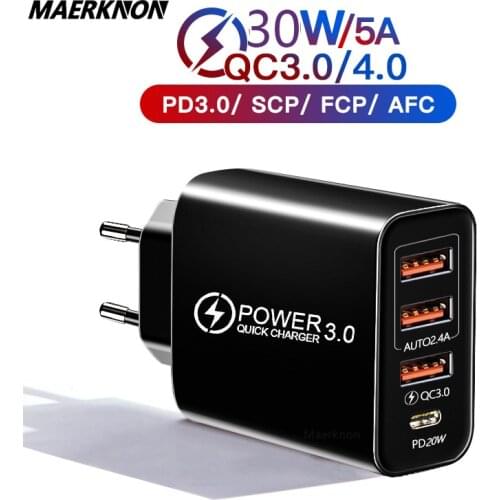 PD 30W USB Type C Charger Mini Quick Charge 3.0 4 Ports QC3.0 Fast Chargers for iPhone 12 Samsung Xiaomi Mobile Phone Charger