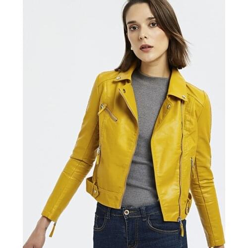 2019 new Women Leather Jacket Korean version of the self cultivation Biker Jacket PU leather lapel double side buckle Short Coat