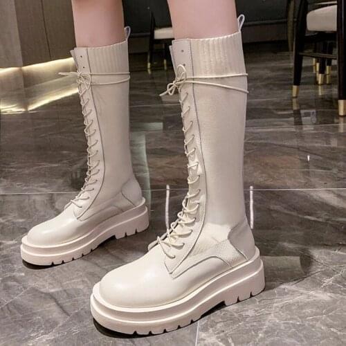 2020 Women Knee-High Boots Womens Fashion Shoes Woman Leather Lace up Ladies Chunky Heels Female Punk Rome Footwear R14-58
