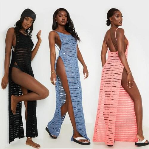 2021 New Bikini Cover-ups Women Summer Sleeveless Hollow Out Sexy Maxi Dress Crochet High Split Beach Dress Swimsuit Cover Ups