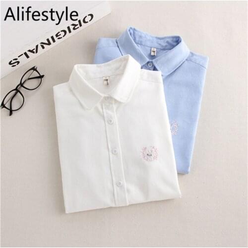 2020 New Artistic Animal Embroidery White Shirt Women Solid Oxford Long Sleeve Shirt Small Fresh High Quality Brand Blouse