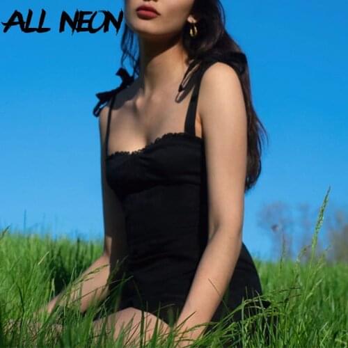 ALLNeon Y2K E-girl Bandage Spaghetti Strap Ruffles Hem Black Dresses for Women Summer Sweet Backless A-line Mini Party Dress 90s