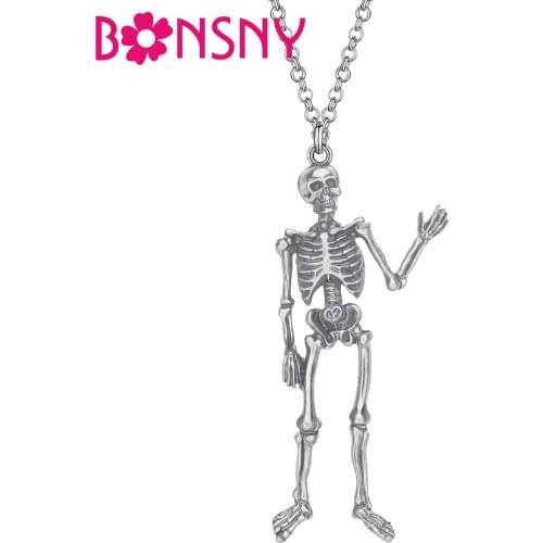 Bonsny Halloween Alloy Antique Gold Plated Skull Skeleton Necklace Long Pendant Jewelry For Women Girls Novelty Gift Accessories