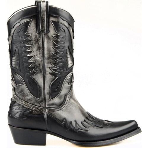 FootCourt- Black and White Men Cowboy Boots Genuine Leather Pointed Toe Mid Calf Vintage Fashion Eagle Pattern Handmade Western