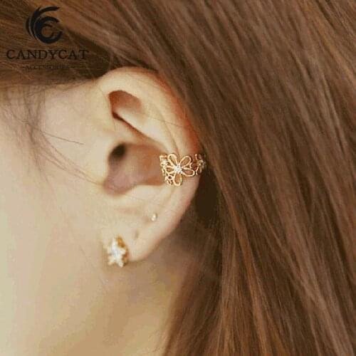 Flower Crystal Without Pierced Ear Bone Clip Geometric Metal Flower Clip on Earrings Korean Trendy Ladies Jewelry Accessories