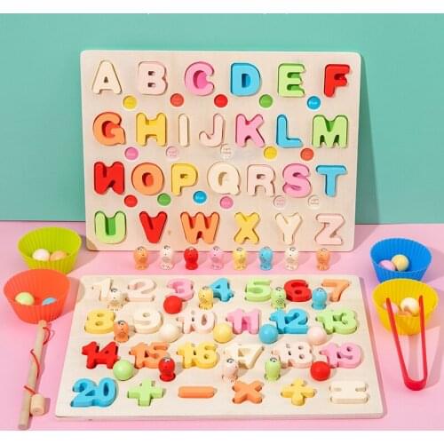 Wooden Alphabets Digital Puzzles Kids Toys Magnetic Fishing Toys Clip Beads Montessori Educational Wooden Toys Children Gifts
