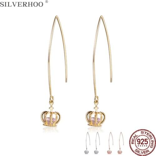SILVERHOO 925 Sterling Silver Tassel Cross Crown Drop Earrings For Women 3 Colors Clear Crystal Zircon Earring Fine Jewelry