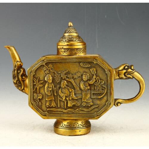 Exquisite Collection Chinese Exquisite Brass Handwork Carved The Ancients And Flower Tree Pattern Teapot Water Pot Tea Set