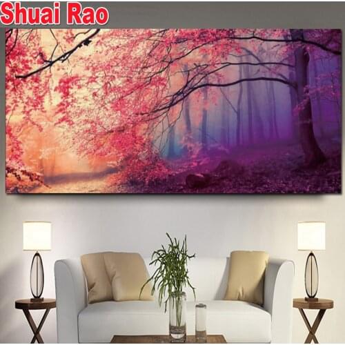 Red tree Diamond embroidery square round drill, mosaic picture of rhinestones 5d diy diamond painting Foggy Woods Home decor