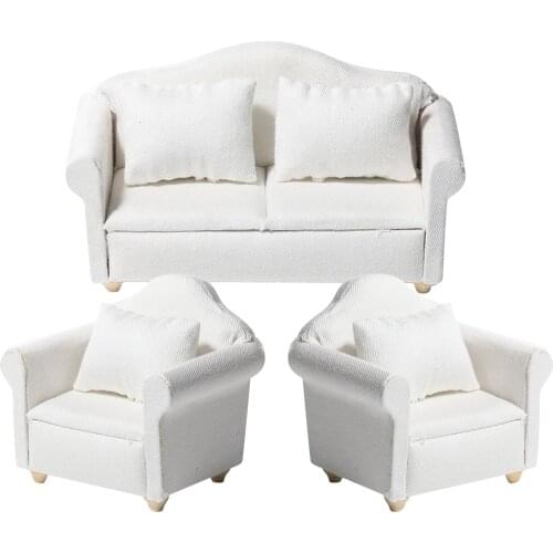 Dollhouse Sofa, Dolls House Furniture Sofa Couch Armchair Love Seat Set with Cushion Pillow - Pure White - 1/12 Scale