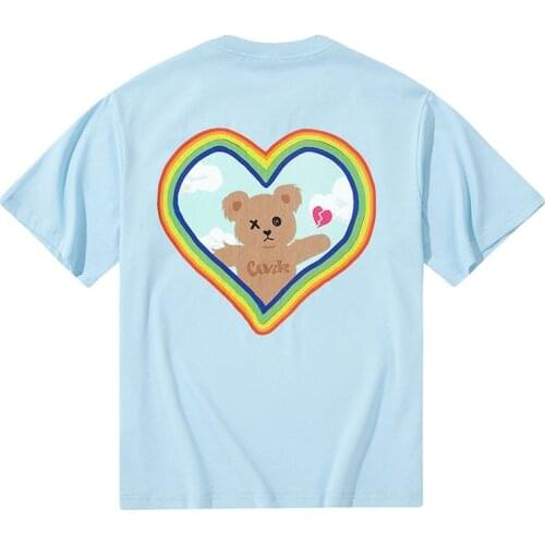 Summer Light Blue T Shirt Women Rainbow Heart Pattern Cute Bear Tee Couple Ins Loose T-Shirt