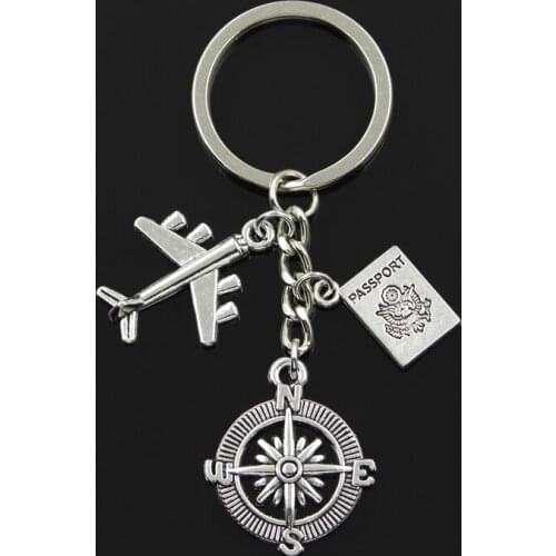 Fashion 30mm Key Chain Keychain Jewelry Silver Color Aircraft Airplane Compass Passport Travel Journey Pendant