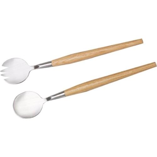 2 Pcs Salad Spoon Fork with Long Wooden Handle Set Stainless Steel Dessert Tool Dropship