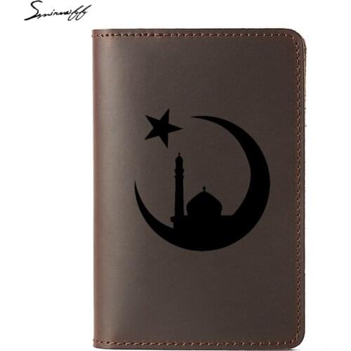 Islam Mosque Muslim Travel Passport Cover Multi-function Genuine Leather Card Holders Engraving Name Passport Card Holder