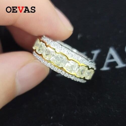 OEVAS 100% 925 Sterling Silver Sparkling 1 Row Full 4*4mm Beige Square Pagoda High Carbon Diamond Rings For Women Fine Jewelry