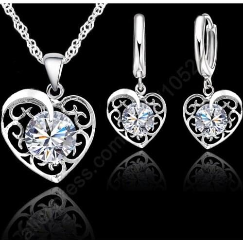 New Heart CZ Jewelry Sets 925 Sterling Silver Cubic Zirconia Heart Necklace Hoop Earrings Lever Back Wedding Party Jewelry