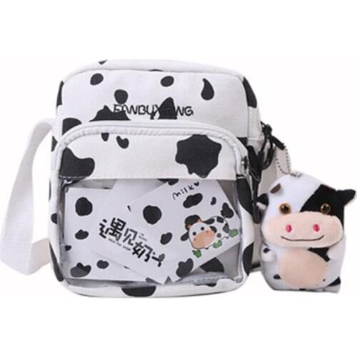 Cow Print Transparent Canvas Bag Student Messenger Bag Japanese Harajuku Shoulder Small Shoulder Mobile phone Bag Coin Purse ita