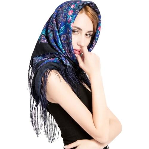 Russia Square Scarf for Women Autumn Winter Shawl Retro Floral Printing Handmade Tassel Flower Blanket Shawl Handkerchief 90cm
