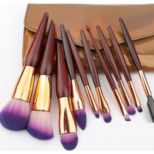 High quality coffee pu bag 10 pcs soft synthetic hair make up brush set
