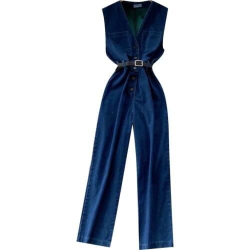WIGADFHK 2021 New Womens Designer Fashion Office Ladies Denim Jumpsuit Sleeveless Wide-leg Jumpsuit Overall