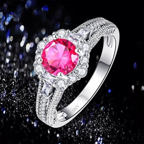 J.C Round Cut Ruby Spinel & White Topaz 925 Sterling Silver Ring Size 6 7 8 9 Women Wedding Engagement Jewelry Gift