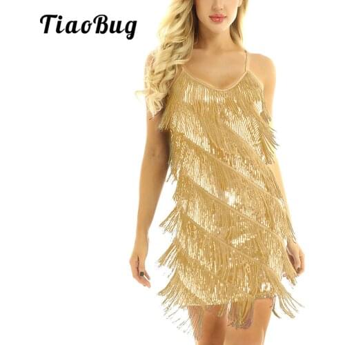TiaoBug Women Spaghetti Straps Sequins Fringe Tassel Salsa Latin Dance Dress Ballroom Rhythm Rumba Tango Performance Costume