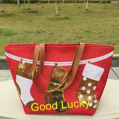 100pcs/lot 2018 New Arrival Personalized Large Leather Handles Jute Sequin Christmas Tote Bags