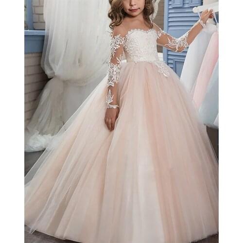 Ball Gown Sweep / Brush Train Wedding / Birthday / Pageant Flower Girl Dresses - Lace / Tulle Long Sleeve Off Shoulder with Lace