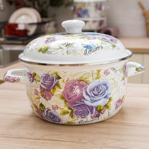 Pastoral style flower thickening porcelain enamel double ears soup saucepan hot pot stew pan used for gas and induction cooker