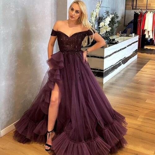 Purple prom dresses 2021 off the shoulder side slit beading crystal ruffle crystal tulle long evening dresses gowns