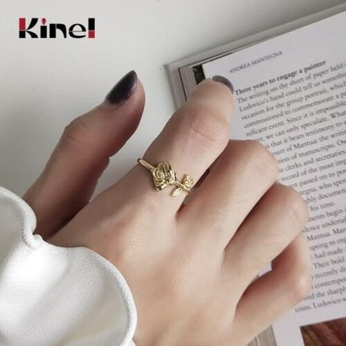 Kinel Rose Flower Ring Open Adjustable Finger Rings for Women Band 925 Sterling Silver 18K Gold Jewelry Korean