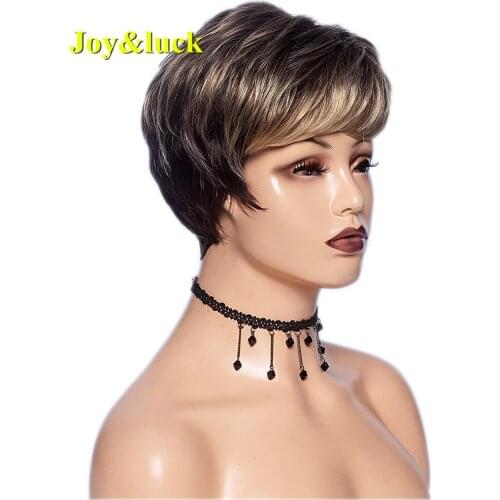 Short Synthetic Wig Brown Ombre Blonde Natural Silky Straight With Bangs Hair Wigs For Women Daily Use High Temperature Fiber