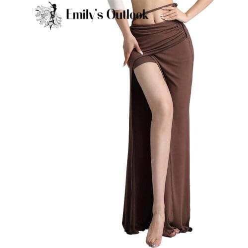 Sexy Modal Belly Dance Costume High Waist Draw String Long Skirt Side Split Slim Dancer Practice Wear Comfortable Black Adult XL