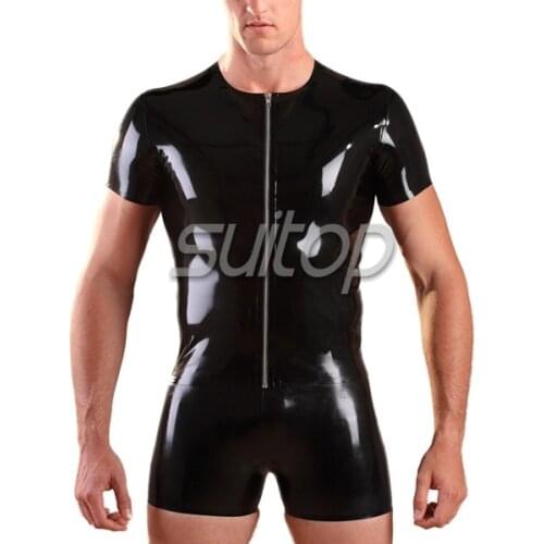 Latex Rubber Mens Front Zip T-Shirt with short pants hight quanlity level