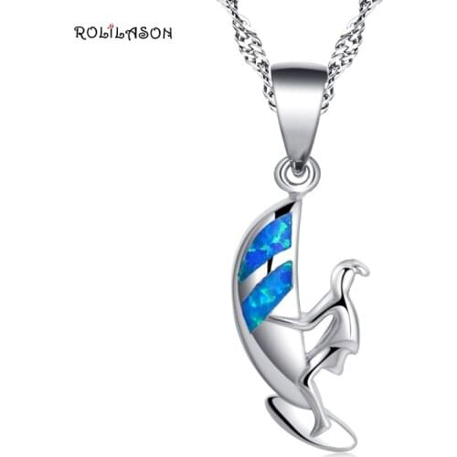 ROLILASON Hot sell Trendy sail design created for elegant lady blue opal silver necklaces pendants fashion jewelry OP761