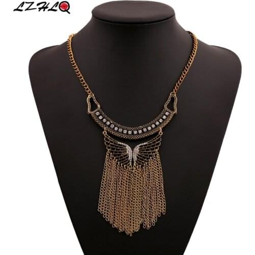 LZHLQ Women Elegant Rhinestone Butterfly Pendant Necklaces Vintage Long Tassel Necklace Geometric Metal Plated Jewelry Statement