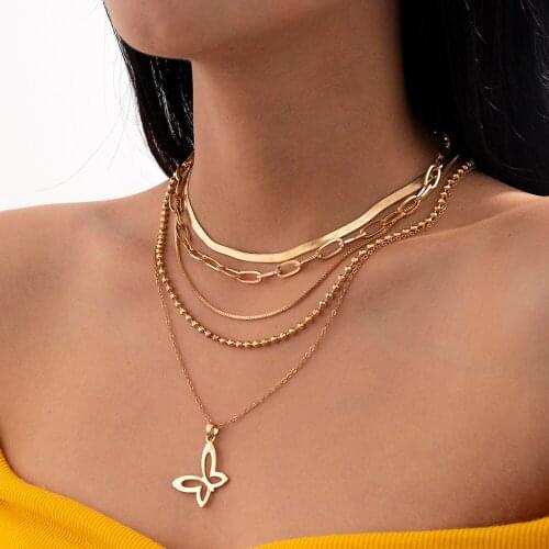 Multilayer Fashion Cute Butterfly Pendant Necklace Ladies Retro Personality Snake Chain Clavicle Chains Necklaces Girl Jewelry