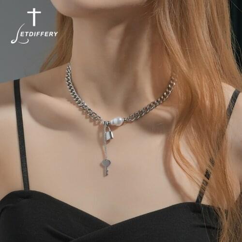 Letdiffery Fashion Lock And Key Pearl Choker Jewelry Never Fade Stainless Steel Thick Chain Necklaces Punk Collares