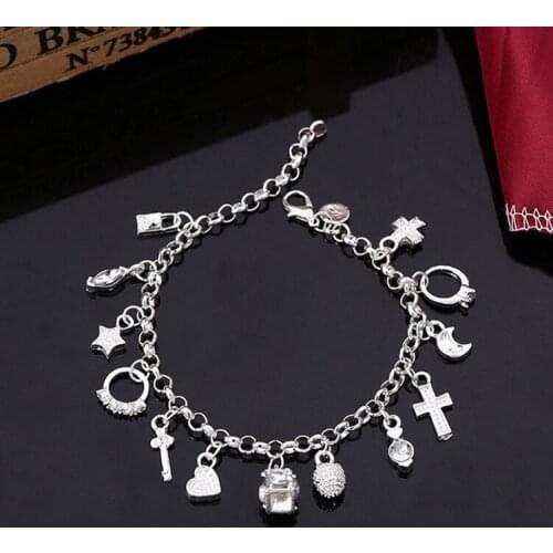 Silver Plated Fashion 13 Piece Pendant Chain Charm Bracelet Womens Youth Girl Womens Gift Korean Exquisite Jewelry