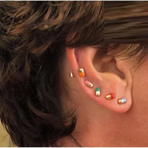 Neon Enamel Pill Shaped Stud Earring Gold Color Rainbow Multi Piercing Girl Fashion Jewelry