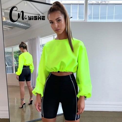 CNYISHE 2021 Neon Loose Sweatshirts Women Pullovers Fashion Solid Regular Long Sleeve Casual Sexy Short Women Sweatshirts Female