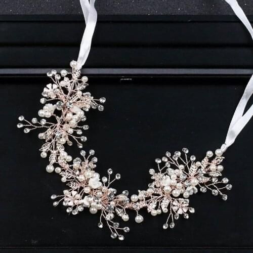 Crystal Beads Flower Tiara Headband Pearl Hairband with Ribbon Head Chain Wedding Hair Accessories ML