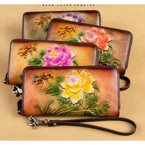 Retro Floral Zipper Women Hand Wallet 2021 Winter New Genuine Leather Hand Painted Long Phone Purse Cowhide Large Clutch Wallets