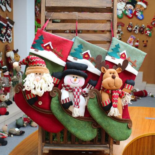 Christmas Stockings Socks with Snowman Santa Elk Bear Printing Candy Gift Bag Fireplace Xmas Tree Decoration New Year Pendant
