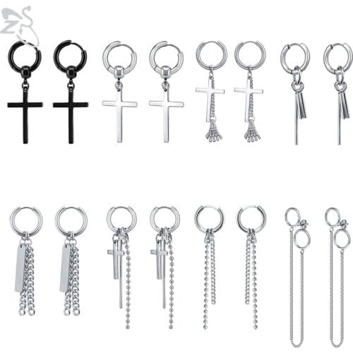 ZS Stainless Steel Cross Feather Kpop Hoops Earrings Men Hip Hop Rock Roll Punk Round Dangle Earrings Jewelry aros mujer oreja