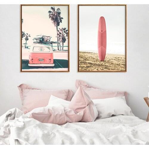Nordic Minimalist Retro Landscape Canvas Painting Pink Car Surfboard Poster Home Wall Art Decoration Pictures for Living Room
