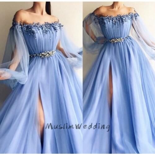 Fairy Blue Prom Dresses With High Slit A Line Tulle Puff Sleeve Full Length Evening Dress Beaded Pearl Long Formal Dress 2020