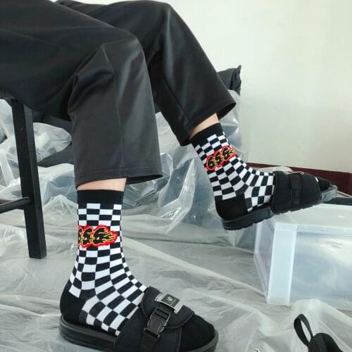 Street Fashion Cotton Adult Flame Plaid Crew Socks Tarbosaurus Tyrannosaurus Bataar 666 Men Women Harajuku Sports Letters Couple
