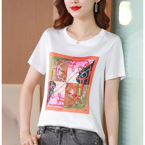 Summer Women Casual Print Patchwork Satin Shirt Fashion Tops T-shirts O-Neck Loose Short Sleeve Tshirts Large size