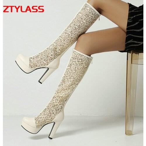 Womens Shoes Summer High Heels Mesh Boots Fashion Zipper Platform Knee High Boots Sexy Hollow Square High Heel Long Boots